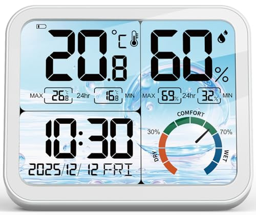 5,8'' Digitales Hygrometer Thermometer Innen, raumthermometer mit Uhr | USB-C- und batteriebetrieben, Hinterbeleuchtung, Kalibrierung, Max-Min Aufzeichnungen, Komfort, Gegenlicht, Datum und Uhr