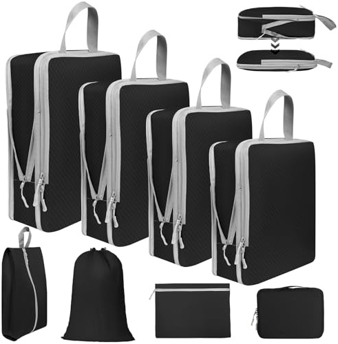 Votoko 8 Teilige Koffer Organizer Packing Cubes Compression, Packwürfel Set Kompression Packtaschen für Kofferorganizer Rucksack Kleidertaschen, Reise Kofferorganizer Ordnungssystem Set, Schwarz
