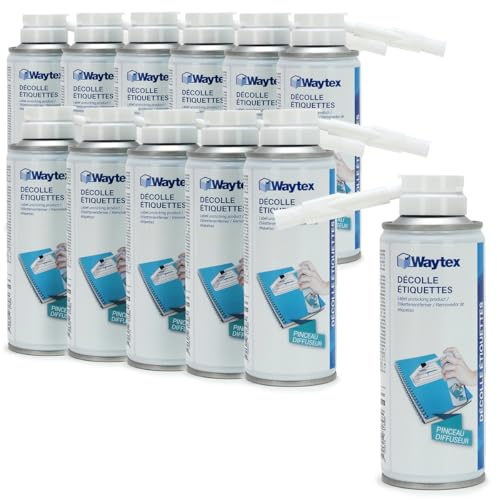 Waytex - Confezione da 12 etichette adesive da 200 ml, per etichette, colla, resina, pennello diffusore, rimuove residui di colla, efficace su metallo, plastica, vetro, alluminio, laminato