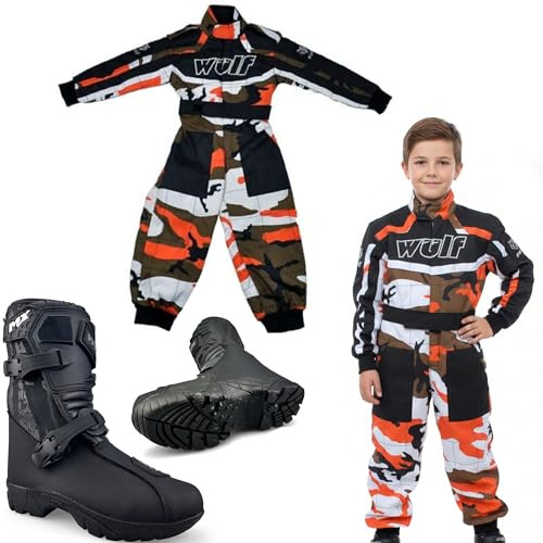 K156 - Stivali da motocross per bambini CE per motocross, fuoristrada, enduro, con stivali da motocross, monopezzo, mimetici, per giovani quad, fuoristrada, pit bike, mountain bike, kit sportivo