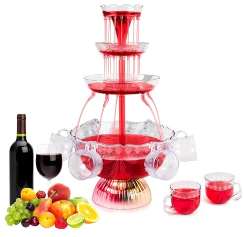 3-Tier Transparent Party Fountain, with 5 Glasses, Electric Champagne Fountain Drink Machine, LED Illuminated Base, Cocktail, Wine, Beer & Juice Dispenser, for Weddings, Parties, Celebrations & Bars