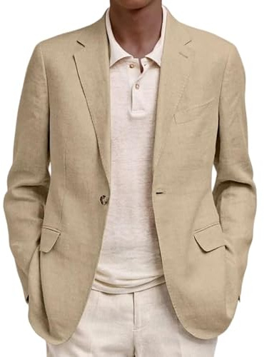 HUIANGLIYG Blazer Homme Style Lin Veste Légère et Respirante Veston Décontracté D’Été Manteau Sport Un Bouton avec Poches pour Mariage Affaires Vacances À La Plage