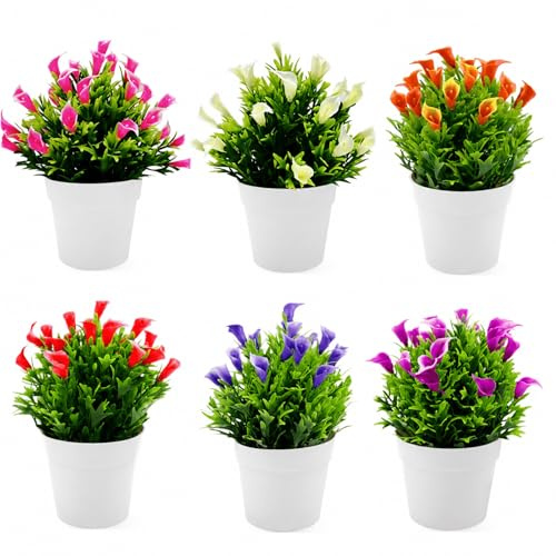 LAINIKE 6 Stück Kunstblumen im, Topf Künstliche Blumen Klein, Künstliche Blumen im, Kunstpflanze Mini, für Hause Balkon Büro Cafe Innen- und Außenbereich Deko