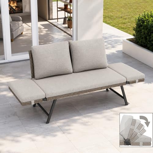Fiutazge Divano Esterno in Polyrattan con Braccioli Regolabili,Divano Letto Convertibile 2 Posti con Cuscini Morbidi,Panchina da Esterno per Giardino, Balcone, Terrazzo e Portico-Beige