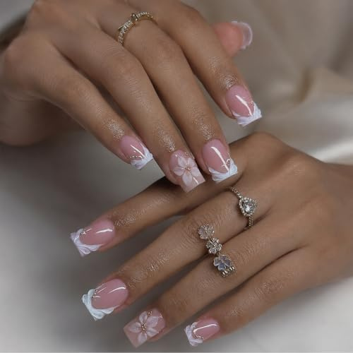 Tastetreasure Lot de 24 faux ongles courts carrés à presser en gel 3D motif floral blanc ondulé avec colle à gelée et lime