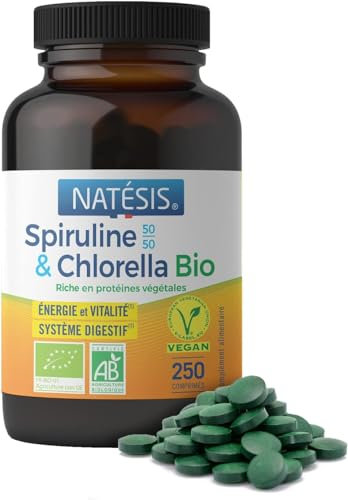 NATESIS — Spiruline & Chlorella Bio 50/50 — 250 comprimés 540 mg — Complément alimentaire bio et vegan — Vitalité, digestion, immunité — Flacon en verre brun — 135 g