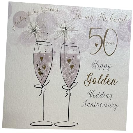 WHITE COTTON CARDS To My Husband On Our Golden, Handmade 50th Anniversary Card (Champagne Flutes, Code P50H),16cm x 16cm