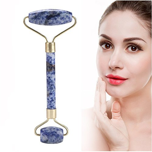 Sonew Gesichtsroller, Massage Jade Roller Doppelkopf Anti-Aging für Gesicht Augen Augenringe Nackenmassagegerät(Blau)