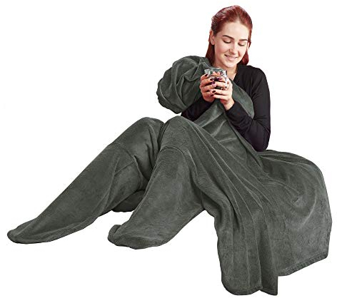 CelinaTex Flauschige Kuscheldecke mit Füßen Socken XL 170 x 200 cm grau Sockendecke Fußwärmer Mikrofaser Fleece Oeko-TEX Footy