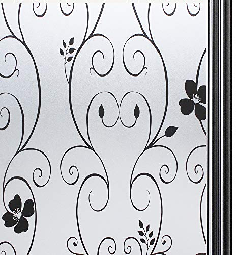 Qualsen Film Fenetre Anti Regard Adhesif pour Vitre Brise Vue Fenetre Film pour Vitre Film Electrostatique Vitre Film Opaque Vitrage Film décoratif pour fenêtre, Anti-UV 44.3 x 200 cm, Fleur Noir