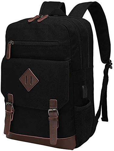 MODOKER Vintage Backpack for Men Women, Canvas Bookpack Fits Most 15.6 Inches Computer and Tablets, Rucksack Backpack with USB Charging Port, Black
