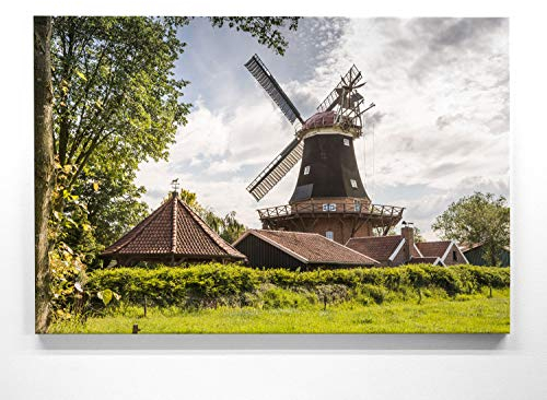 Atemberaubendes Nordsee Panorama Leinwand-Bild 120x80cm, Motiv Windmühle Ostfriesland. Ein einzigartiges XXL Wandbild als Deko für Wohnzimmer, Schlafzimmer, Küche. Aufgespannt auf Holzrahmen