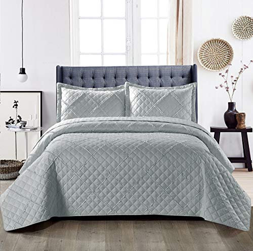 B&B Quilted Bedspreads Double Bed Throws - Reversible Embossed Quilted Bed Throw Bedspreads Double Size 240x250cm with 2 Pillows Cases, Silver