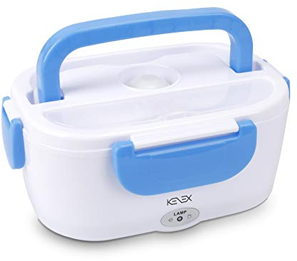 KENEX | Tartera Eléctrica para Coche | KNA|260 | Incluye Cuchara | Calienta Rápido la Comida | Gran Capacidad | Cierre Seguro | Asa de Fácil Agarre | Fiambrera Eléctrica | Color Blanco/Azul
