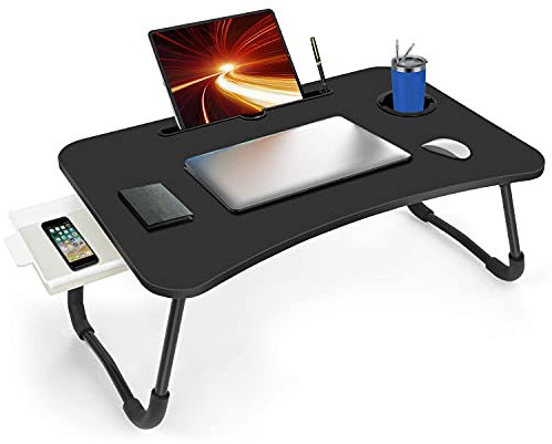Fayquaze Mesa plegable para ordenador portátil con cajón de almacenamiento y soporte para tazas escritorio de vuelta para portátil mesa de servir para comer leer y trabajar en la cama sofá (Negro)