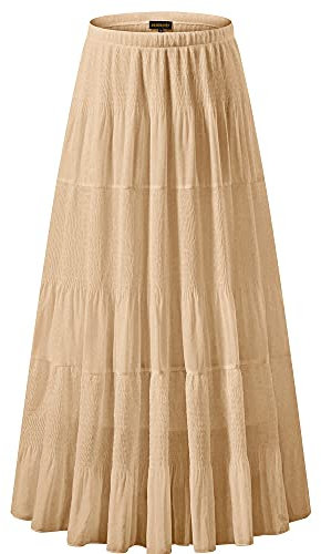 NASHALYLY Damen Maxirock Chiffon Hohe Taille Plissee A-Linie Lange Röcke, Aprikose, 36