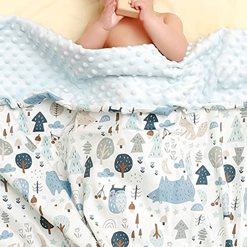 Hixingo Kinderdecke Kuscheldecke, Karikatur Muster Sommer Wohndecke Baumwolle Weiche Warm Minky Decke Krabbeldecke Doppelseitige Decke für Mädchen & Junge (Blaue Eule,80x100cm)