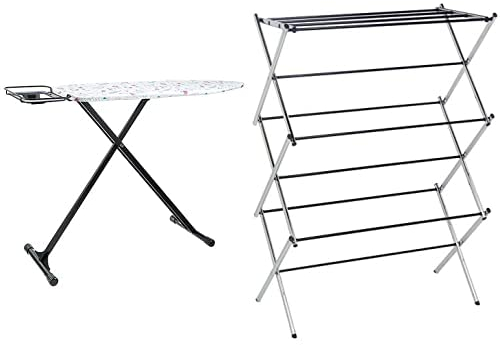 Amazon Basics Ironing Board with H-Shaped Iron Rest, Medium, 122x38 cm - Black and Amazon Basics Foldable Concertina Indoor Clothes Airer - Chrome