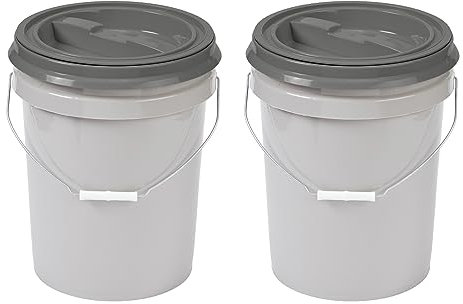 Mighty Tuff 5 Gallon / 21 Pound Pet Food Storage Container, Pack of 2 with Metal Handle and Airtight Lid to Lock in Freshness, Light Grey Base & Dark Grey Lid