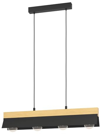 Eglo Pendant Lighting Tarrafo, 4 lamp Ceiling Light Fitting, FSC100HB | hanging lamp for dining and living room made of brown wood and black metal, E27 socket