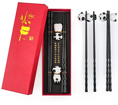 Chinesisches Stäbchen-Set, 2 Paar Bambus-Form Essstäbchen mit 2 Panda-Stäbchenhalter, wiederverwendbare rutschfeste Essstäbchen, spülmaschinenfeste Essstäbchen,Geschenk für Panda-Liebhaber (Schwarz)