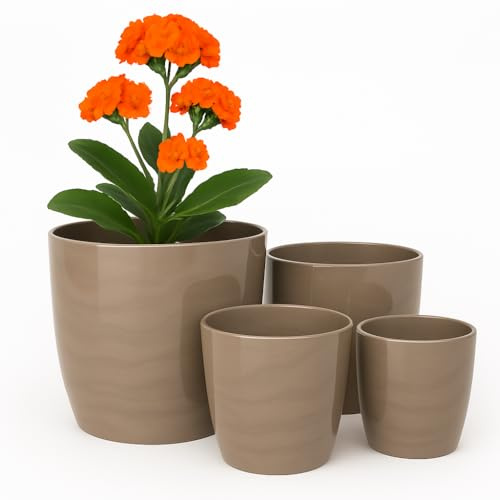 Home Garden Ornaments Blumentopf, Übertopf Set 4 Stück aus Kunststoff Marmor-Optik 12/14/16/18 cm Übertöpfe für Zimmerpflanzen (Braun)