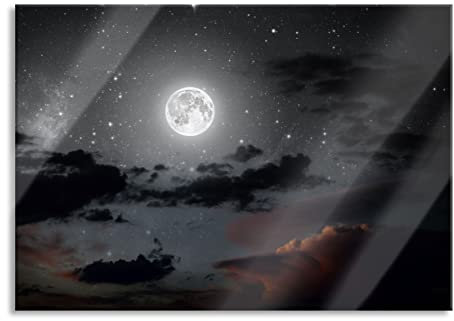 Pixxprint Glasbild, Wandbild aus Echtglas, Leuchtender Mond am Nachthimmel, 100x70 cm, inkl. Aufhängung und Abstandshalter
