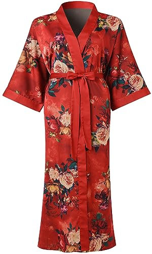 Ledamon Robe kimono longue pour femme - Grande taille - Avec poche florale - Chemise de nuit, Rose, taille unique