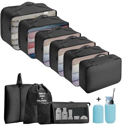 Jsdoin Koffer Organizer Set 11-Teilig Kofferorganizer Reisetasche travel Organizer Wasserdichte Packtaschen Rucksack Packing Cubes Kleidertaschen für Kleidung Unterwäsche Kosmetik (Schwarz)