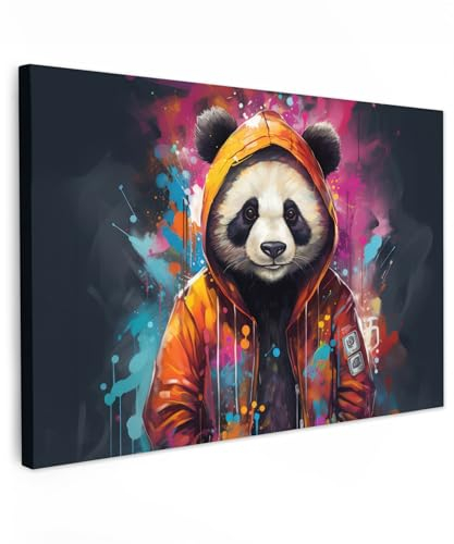 MuchoWow© Leinwand Bilder Groß 120x80 cm XXL Wanddeko Wohnzimmer Aesthetic Room Decor Deko Zimmer Wandbilder Modern Fotogeschenke Banksy - Street Pop Art - Panda - Mantel - Graffiti - Orange
