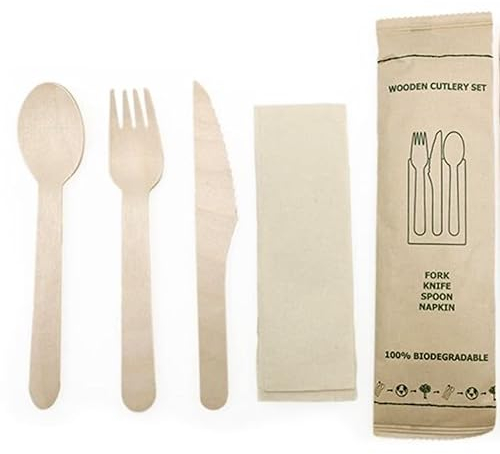 Enviropack 50 Individually Wrapped Wooden Cutlery Sets, Biodegradable Cutlery Sets. Each Set Contain Fork, Knife, Spoon and Napkin Wrapped in Kraft Paper Bags