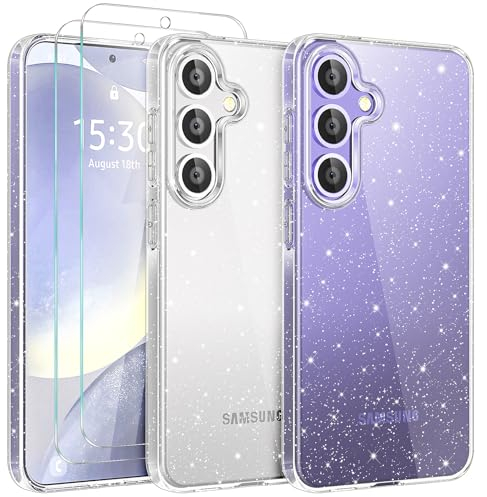 YIRSUR Glitzer Hülle für Samsung Galaxy S24 Plus 5G mit 2 Stück Glasfolie, Transparent Handyhülle Bling Weiche TPU Silikon Stoßfest Schutzhülle für Frauen und Mädchen, Durchsichtig