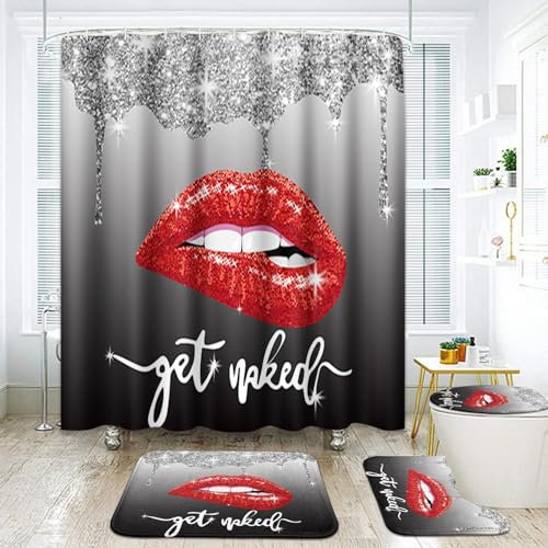 Arttown Black Grey Bathroom Sets with Shower Curtain and Rugs and Accessories, Glitter Diamond Get Naked Shower Curtain Sets, Lips Shower Curtains for Bathroom,Black and Red Bathroom Decor 4 Pcs