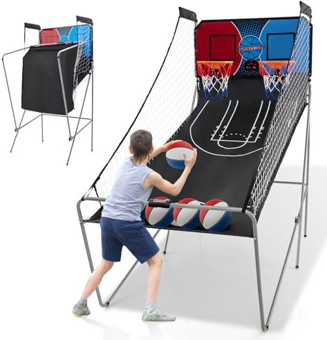 GOPLUS Jeu de Basketball Arcade Pliable, 2 Paniers et 4 Ballons, 8 Modes de Jeux, Capteur Électrique, LED Score, 4 Boutons de Fonctionnement, 207 x 108 x 205CM (Rouge+Bleu)
