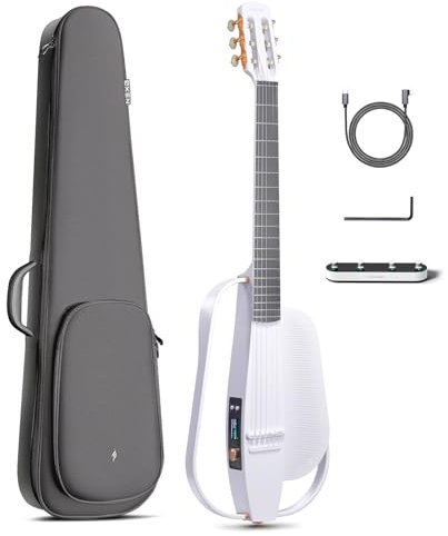 NEXG 2N Acoustic-Electric Guitar Set - White Carbon Fiber Classical Nylon String Travel Guitar for Adults with 50W Wireless Speaker Wireless Microphone Hi-Fi Earphones Footswitch Strap and Gigbag