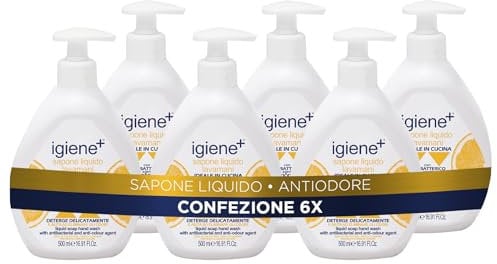 Igiene+ Sapone Liquido Antiodore, Sapone con Antibatterico e Agente Antidore, Ideale in Cucina, Deterge Delicatamente, 6 x 500 ml