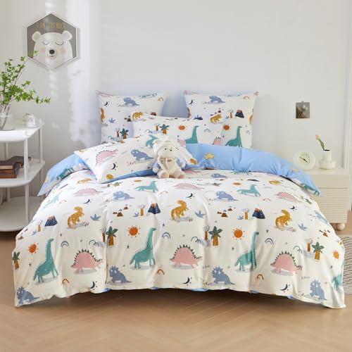 DXHOME Bettwäsche Baumwolle 135x200 Dinosaurier Blau Weiß Cartoon Kinderbettwäsche WendeBettwäsche Jungen Einzelbett 2 teiliges Set Bettbezug mit Reißverschluss + 1 Kissenbezug 80x80 cm