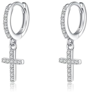 SLUYNZ 925 Sterling Silber Kreuz Creolen Ohrringe für Damen Kleine CZ Creolen Ohrringe Huggie Tropfen (A-Silber)