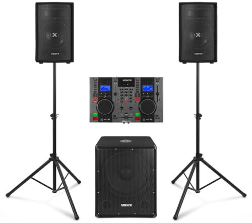 VONYX VX0812BT 2.1 Active DJ Speaker Package with PD CDJ450 Dual CD Mixer Combo, Bluetooth Connectivity, and Active Subwoofer - Ideal for Small Venue DJ Setups