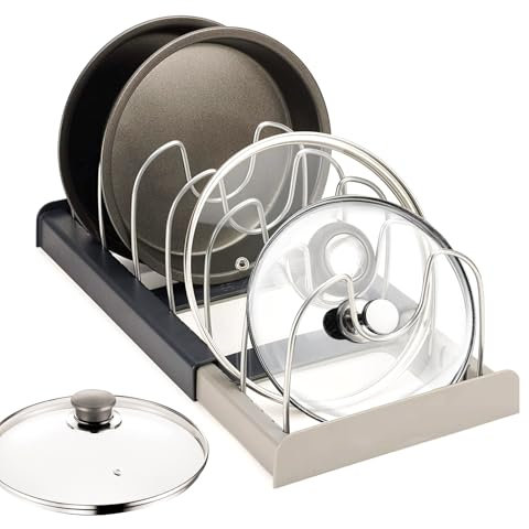 HIYAA Expanding Cookware Organiser & Expandable Pans Organiser Rack, Pantry Cupboard Bakeware Lid Plate Holders, Space saving storage for pan lids, baking trays - Grey
