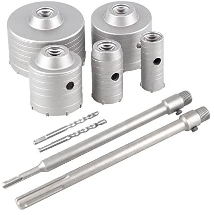 EXLECO 9 Carotatrice a Tazza per Muro Set Frese per Piastrelle Set Seghe a Tazza, 5 Punte Trapano Muro 30/40/65/80/100 mm con 300mm Codolo Trapano SDS Plus & Max 2 Punta Centraggio, Sega a Tazza