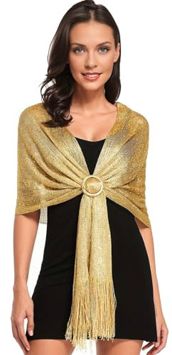 Shengxi Damen Glitzernde Metallic Schals und Tücher Metallisch Schals und Wickeltücher für Abendkleider mit Schnalle, Glitzer Weiches Umschlagtuch mit Quasten für Party, Hochzeit (Gold)