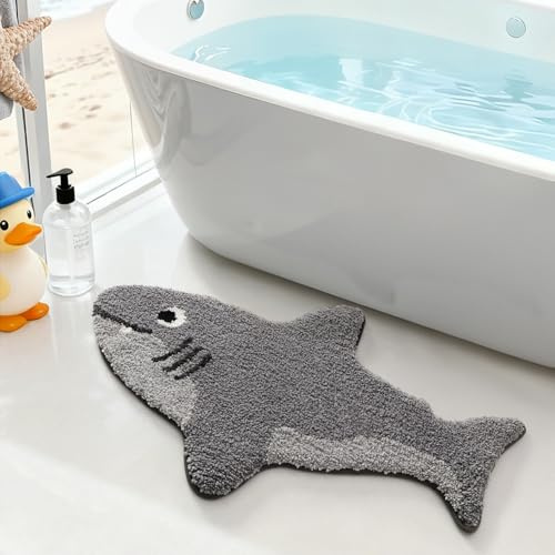 LUMI Badezimmerteppiche mit niedlichem Tiermotiv, rutschfeste Unterseite, waschbar, Haifischform, saugfähiger Badteppich für Badezimmer, ideale Bodenmatte für Dusche, Waschbecken, Badewanne