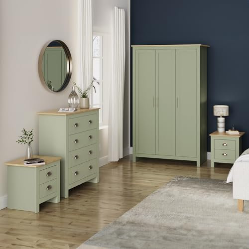 GFW Lancaster 4 Piece Bedroom Set Sage Geen Bedside Cabinet Chest Of Drawers Wardrobe