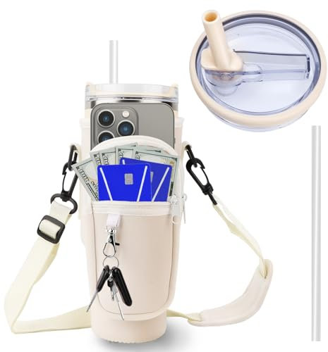 FIDWALL Water Bottle Bag and Lid Compatible with Stanley 40oz Tumbler, Leakproof, Water Bottle Bag with Strap, Replacement Lid with Straw, white, Modern and sporty