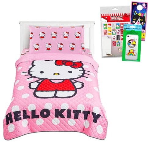 Hello Kitty Sheet Set - Bundle of Hello Kitty Bedding Set with Bedspread, Flat Sheet, Fitted Sheet, and Pillowcase for Twin Bed Plus Posters, More | Hello Kitty Bedroom Decor