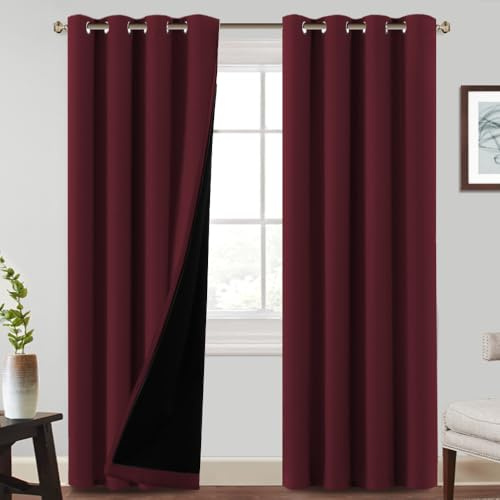 BellaHills 100% Verdunkelung Vorhang Blickdicht Gardienen Verdunklungsvorhänge mit Ösen Gardinen Blickdicht Kälteschutz Winter H260xB140cm Burgundisch