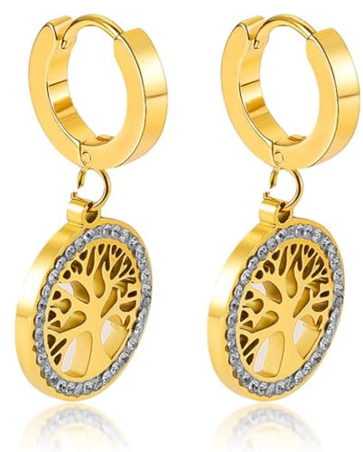 NJCXOLA Pendientes Mujer Oro Árbol de la Vida Dangle Chapados en Oro