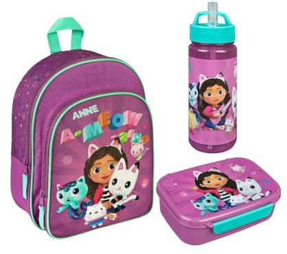 Kindergartenrucksack Gabby´s Dollhouse Mädchen mit Brotzeitdose Trinkflasche - Personalisiert mit Name - Set Kinderrucksack mit Brotdose Trinkbecher