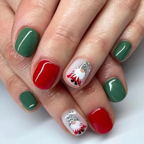 24Pcs Noël Faux Ongles Courts Carré, Naturel Français Press on Nails Rouge Vert Père Noël Acrylique Couverture Complète Ongles Artificiels, Square Faux Ongles à Coller pour Femmes et Filles